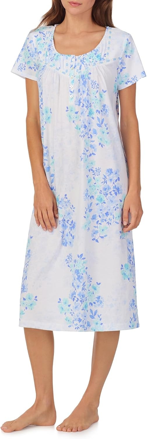 image:imageCarole Hochman Pajamas for Women Nightgown  Floral Cotton Knit Lightweight 44 Short Sleeve Waltz Sleep DressBlue Watercolor Floral