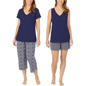 image:imageCarole Hochman Womens 4Piece 100 Cotton Pajama Set  VNeck TShirt Tank Capri Pants amp Shorts with Drawstring amp PocketsBlue