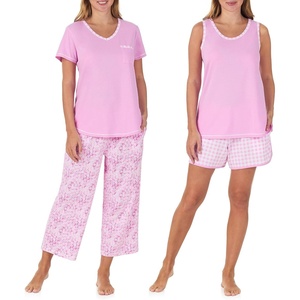 image:imageCarole Hochman Womens 4Piece 100 Cotton Pajama Set  VNeck TShirt Tank Capri Pants amp Shorts with Drawstring amp PocketsCyclemen Pink
