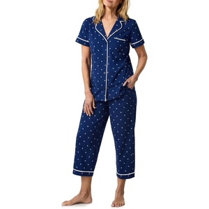 image:imageCarole Hochman Womens Short Sleeve Button Down Pajama Top amp Cropped Pants Set  100 Cotton Jersey  Sleepwear amp LoungewearNavy Blue Depths Ditsy