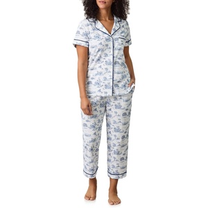 image:imageCarole Hochman Womens Short Sleeve Button Down Pajama Top amp Cropped Pants Set  100 Cotton Jersey  Sleepwear amp LoungewearWhite Countryside