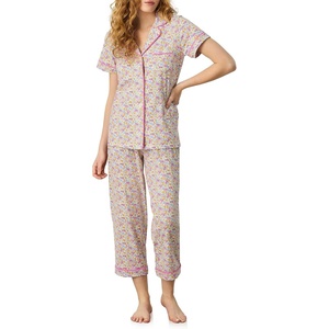 image:imageCarole Hochman Womens Short Sleeve Button Down Pajama Top amp Cropped Pants Set  100 Cotton Jersey  Sleepwear amp LoungewearWhite Multi Ditsy